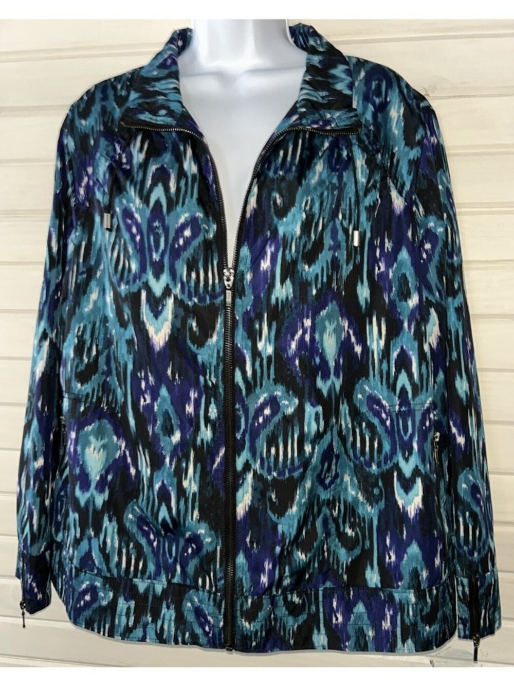 Chicos Zenergy Sz 3 (XL) Blue Ikat Full Zip Jacket Pockets Lined Mock Neck EUC